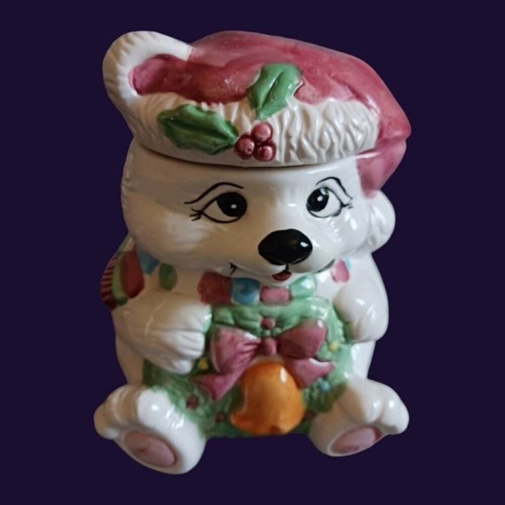 Vtg christmas santa  bear cookies jar wht/red/green colors - Picture 5 of 8